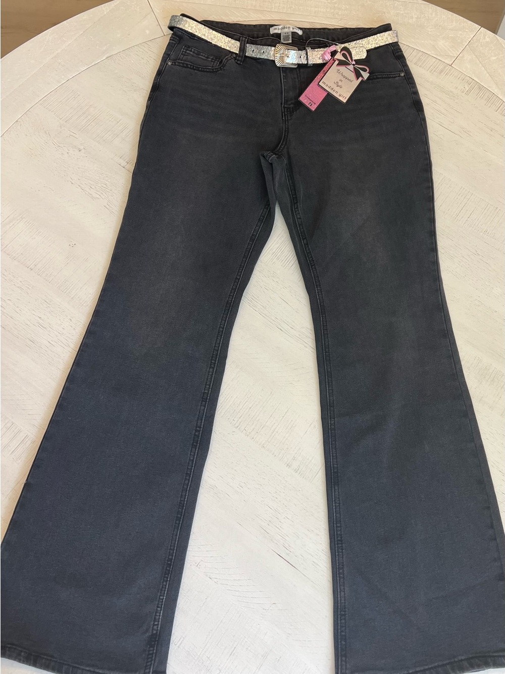 Madden Girl Washed Black Mid-Rise Flare Jeans with Sparkle Belt - Picture 3 of 6